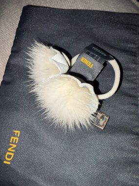 Fendi Mink Fur Pom Pom Hair Tie Leather Flower FF Charm NWT Dust Bag Italy